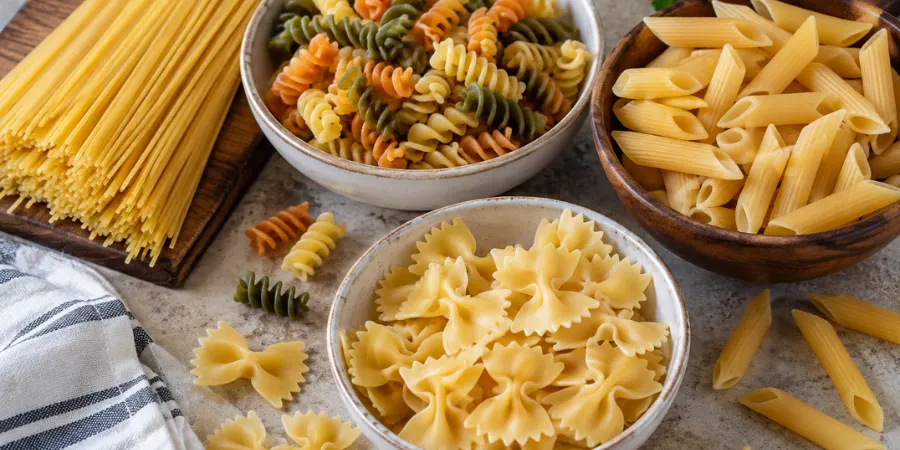 Different pasta shapes including spaghetti, rotini, penne, and bow-tie for making pasta salad