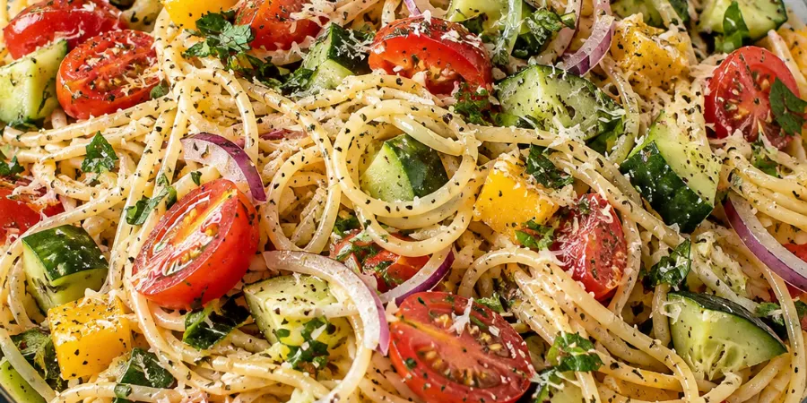 Colorful spaghetti salad with tomatoes, cucumber, bell peppers and dressing in a large glass bowl.