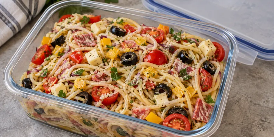 Spaghetti salad stored in an airtight container for make-ahead serving