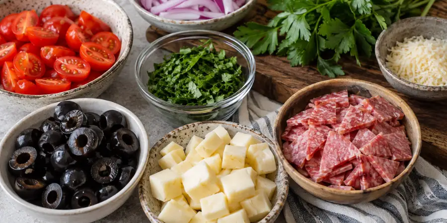 Optional spaghetti salad add-ins including black olives, cheese cubes, salami, and fresh herbs