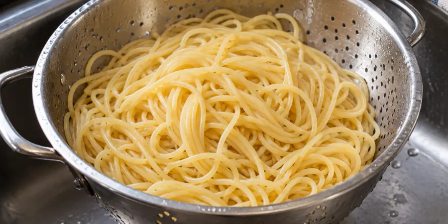 Al dente spaghetti draining in a colander for cold pasta salad