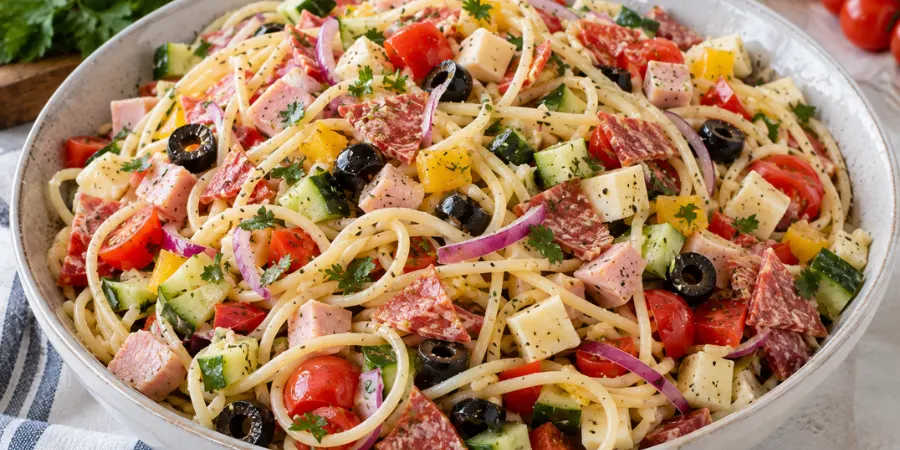 Protein-packed spaghetti salad with diced ham, salami, and fresh vegetables