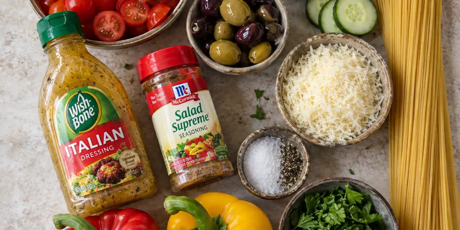 Ingredients for spaghetti salad including spaghetti, vegetables, Italian dressing, and Salad Supreme seasoning