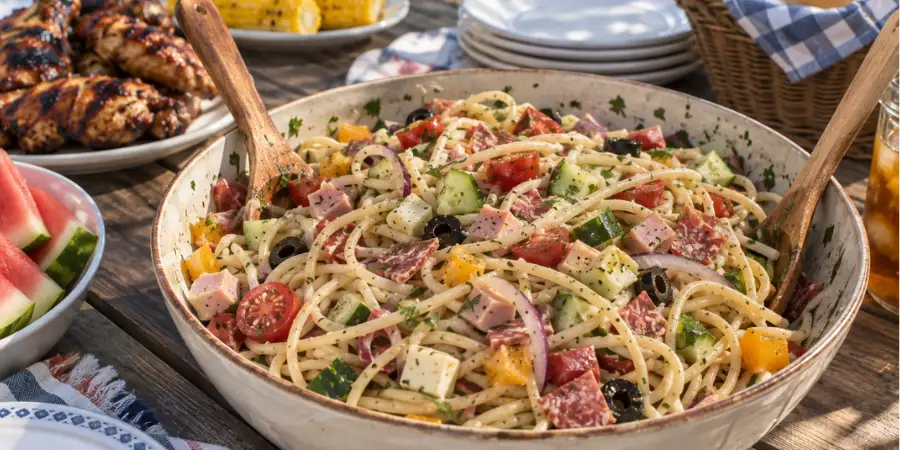 Spaghetti salad served at a summer BBQ picnic table as a cold pasta side dish