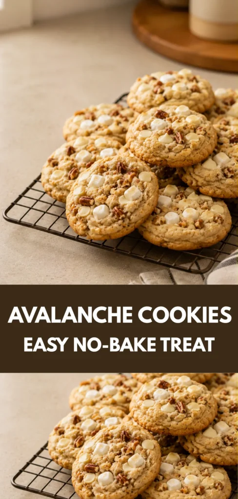 Finished Avalanche Cookies arranged in a generous group on a warm neutral kitchen surface, photographed from a three-quarter angle with soft natural light and open space to the left.