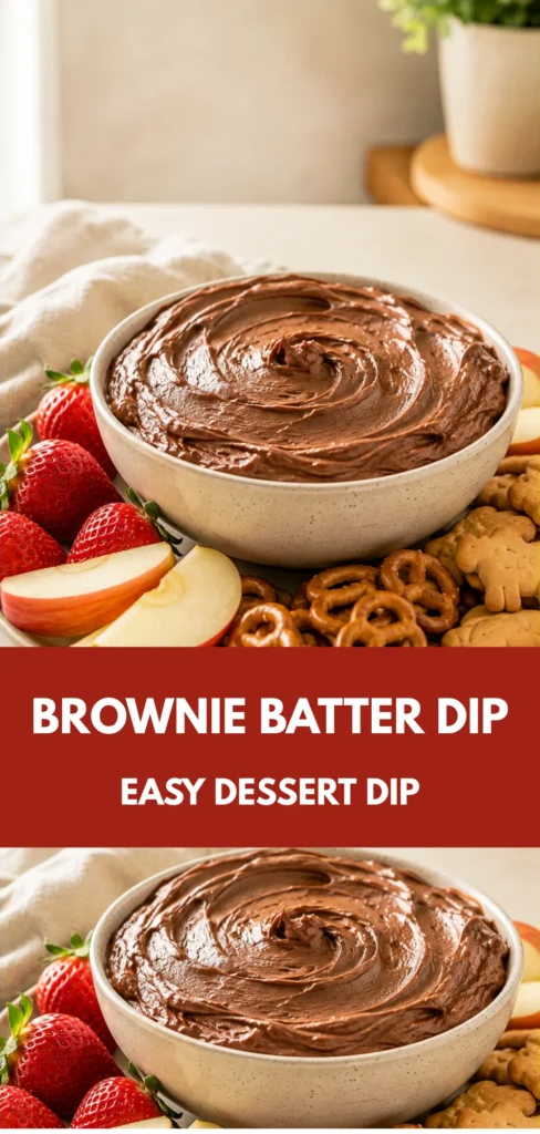A bowl of creamy Brownie Batter Dip sits at the center of a simple dessert serving setup with a few pretzels, strawberries, and other dippers nearby in a softly lit home setting.