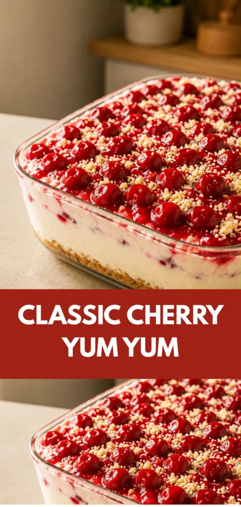 A finished Cherry Yum Yum dessert with creamy filling and sweet cherry topping, served in a simple dish with subtle neutral styling and soft natural light, presented as a classic homemade no-bake dessert.