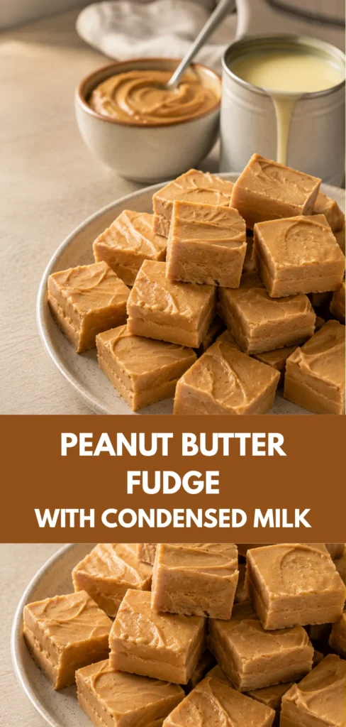 Finished peanut butter fudge made with condensed milk arranged in the foreground on a neutral surface, with a subtle preparation vessel softly blurred in the background.