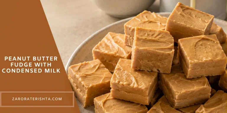 Finished peanut butter fudge made with condensed milk arranged in the foreground on a neutral surface,