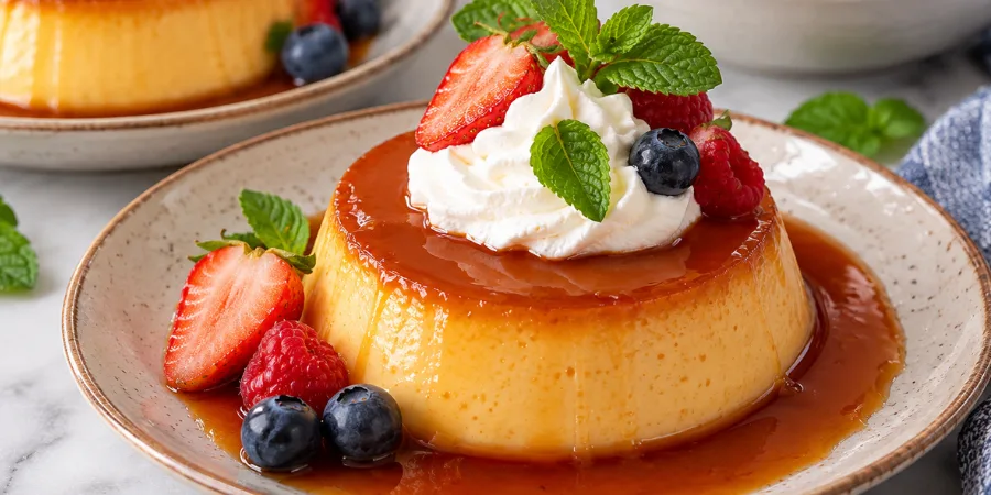 Mexican flan served with whipped cream, fresh berries and mint leaves