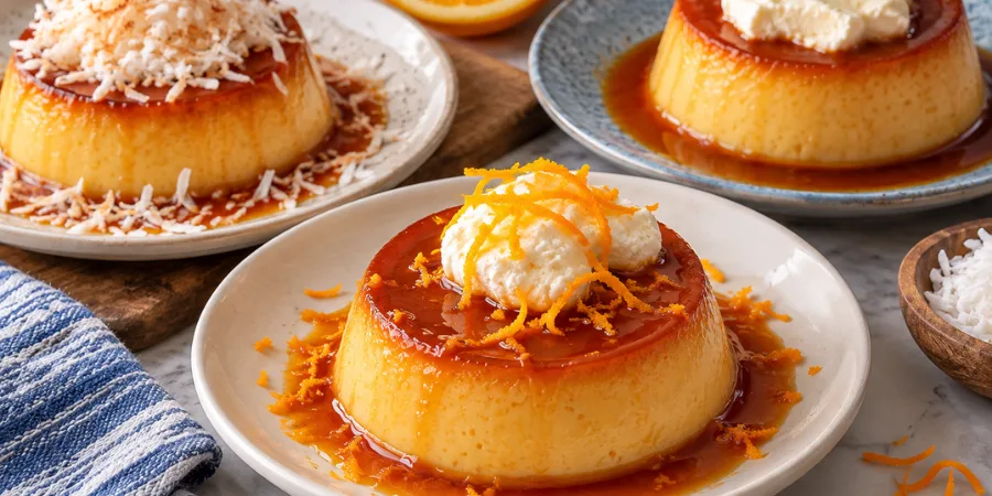Mexican flan variations with cream cheese, coconut and fresh orange zest
