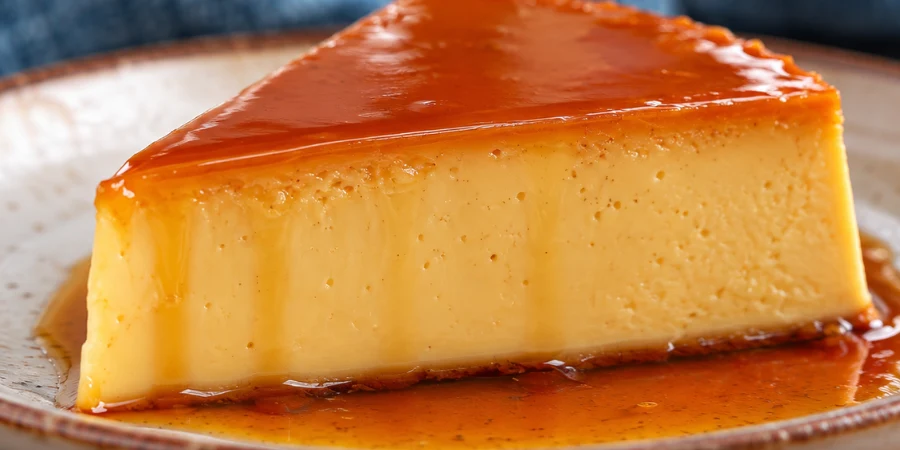 Slice of creamy Mexican flan showing smooth silky custard texture