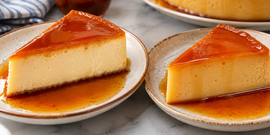 Flan de queso and classic Mexican flan side by side with caramel topping