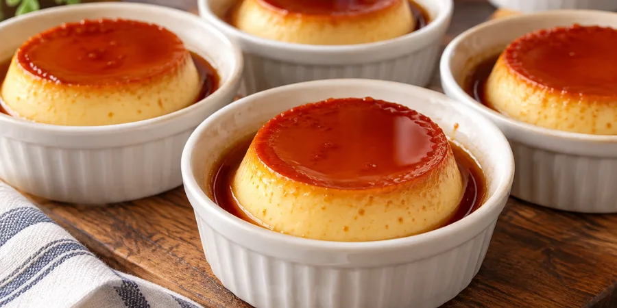 Individual flan ramekins with caramel sauce ready to serve