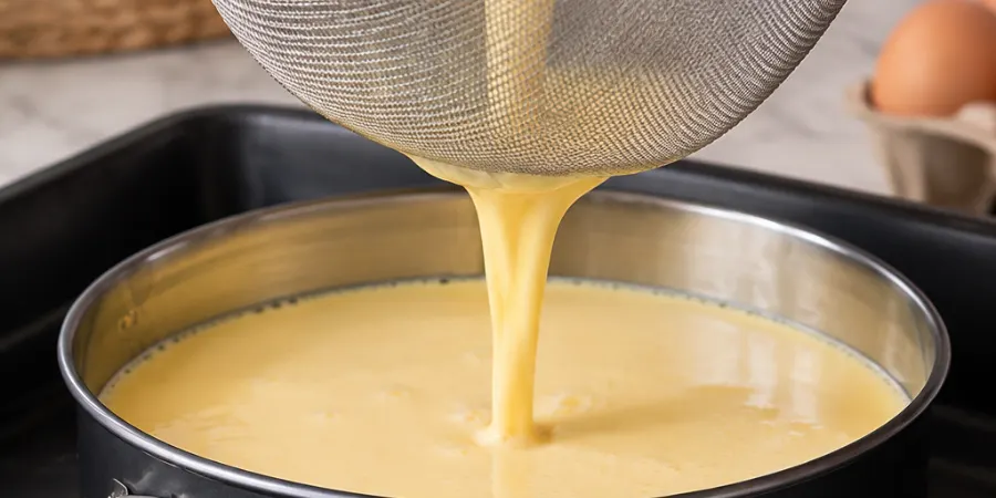 Straining flan custard into a flanera pan inside a roasting pan for a water bath