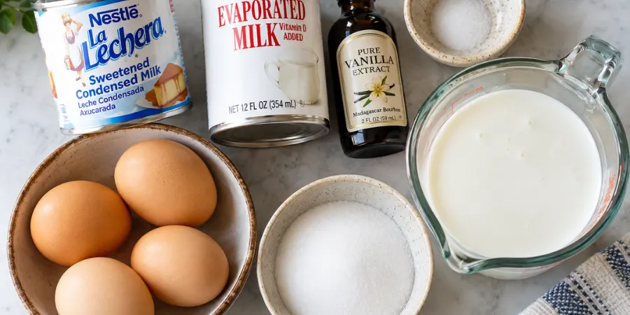 Ingredients for Mexican flan including sweetened condensed milk, evaporated milk, eggs, vanilla extract and sugar.