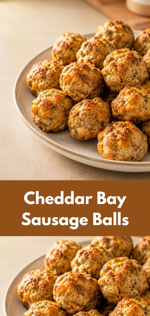 Cheddar Bay Sausage Balls arranged on a neutral ceramic plate, showing golden-brown homemade sausage balls in a softly lit kitchen setting.