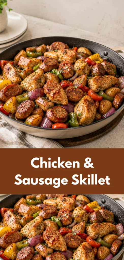 A chicken and sausage skillet with browned chicken, Italian sausage, potatoes, peppers, and red onion, served as a complete homemade dinner.