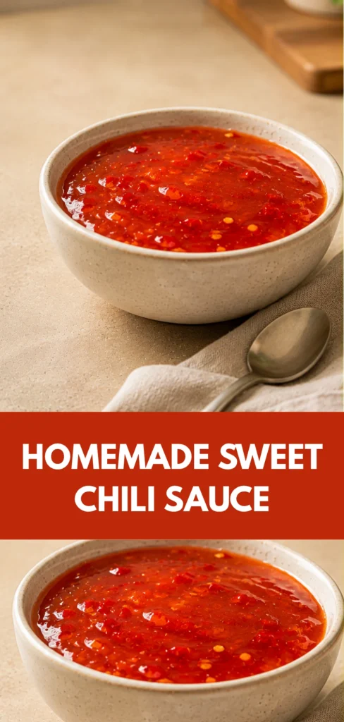 A bowl of glossy homemade sweet chili sauce sits on a warm neutral kitchen surface, showing a rich red-orange color and subtle chili flecks in a softly lit home kitchen.