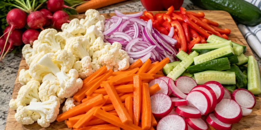 Fresh cauliflower, carrots, radishes, cucumber, red onion, and red bell pepper ready for quick pickling