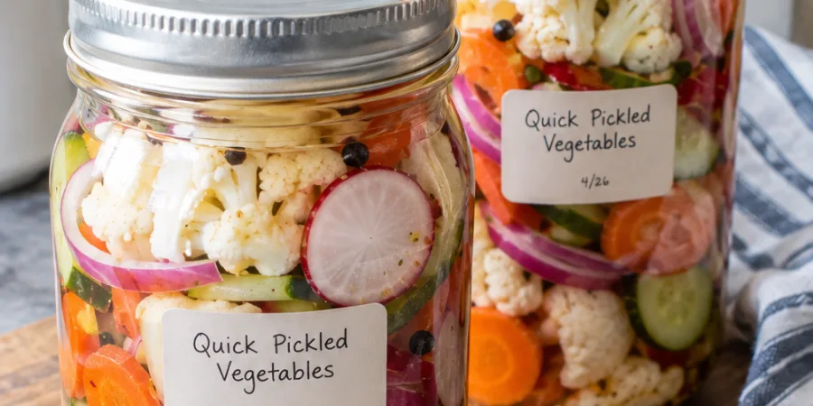 Labeled jars of quick pickled vegetables with clean tongs for safe refrigerator storage