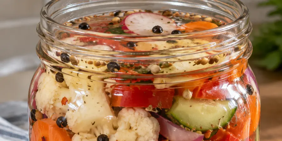 Pickled vegetables fully submerged in vinegar brine inside a glass jar