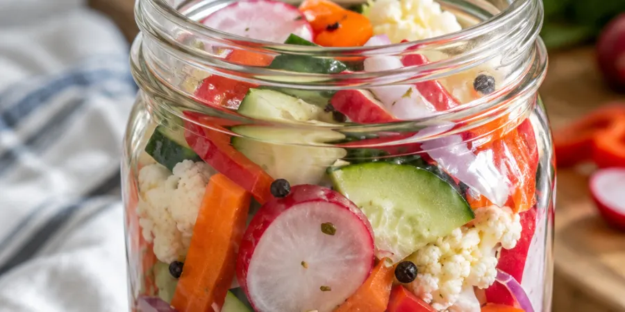 Jar of quick pickled vegetables stored in the refrigerator