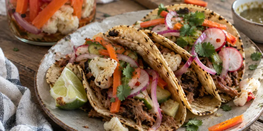 Tacos topped with quick fridge pickled vegetables for a tangy crunchy bite