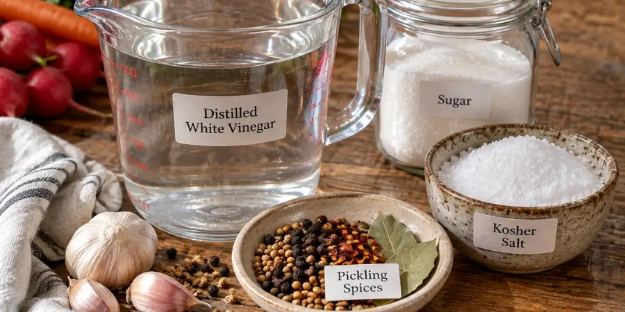 Distilled white vinegar, sugar, kosher salt, and pickling spices for fridge pickle brine