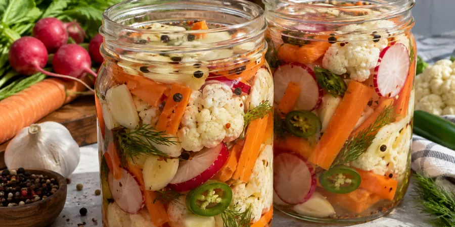 Side-by-side jars of quick fridge pickled vegetables after 24 hours and after 3 days showing deeper color and flavor