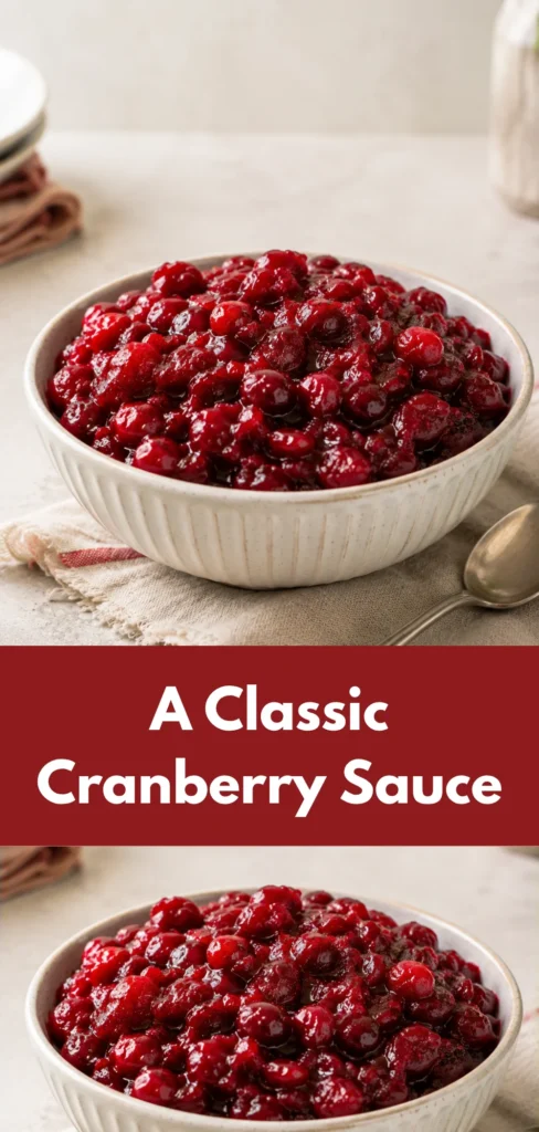 A bowl of homemade Cranberry Sauce with a thick glossy texture on a simple dining surface, presented as a classic homemade side.