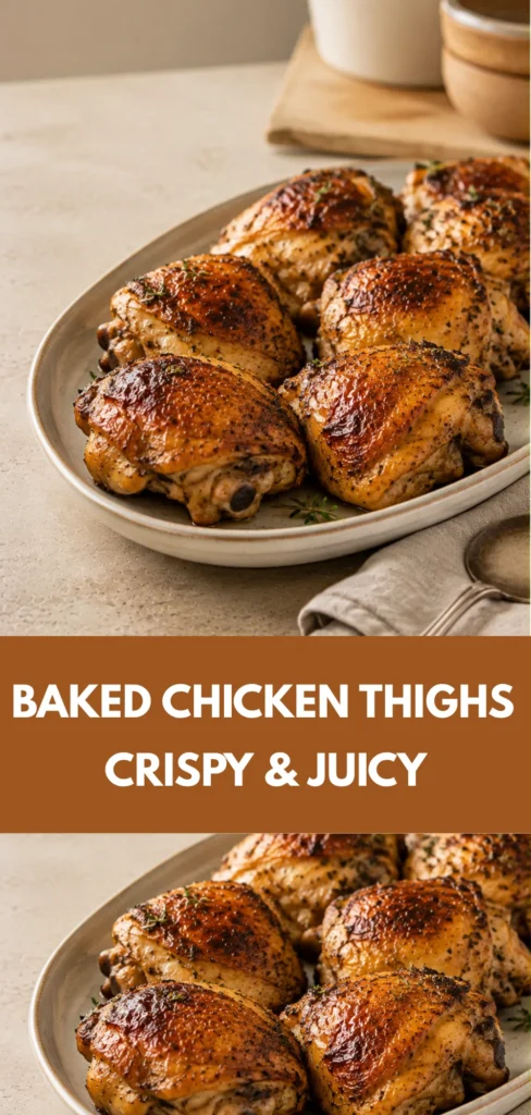 A serving platter of golden-brown baked chicken thighs arranged on a neutral table with a softly blurred home kitchen in the background.