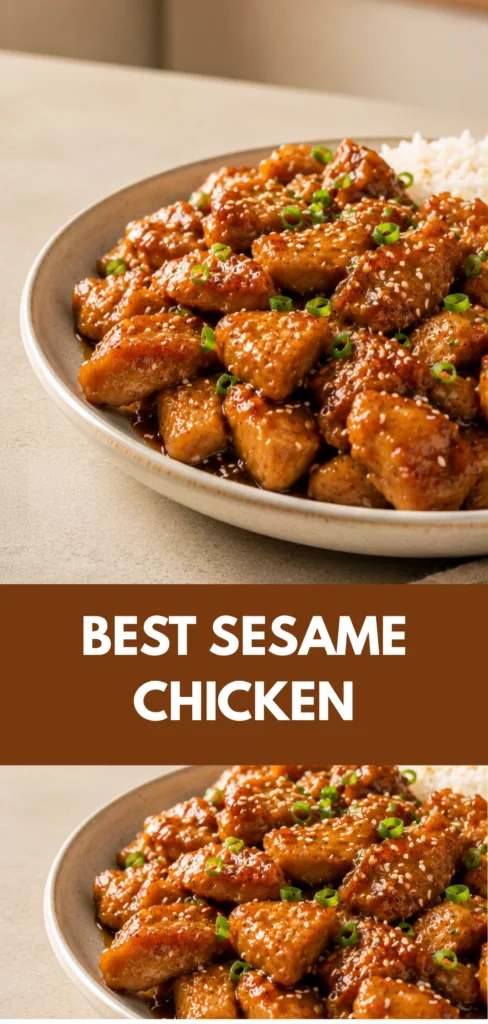 A serving of sesame chicken coated in sticky sesame sauce with sesame seeds in a simple bowl on a neutral tabletop.