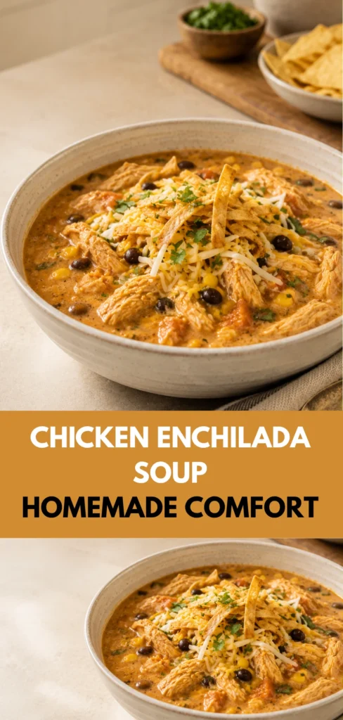 A bowl of freshly prepared Chicken Enchilada Soup in a warm home kitchen, presented as a comforting homemade meal.