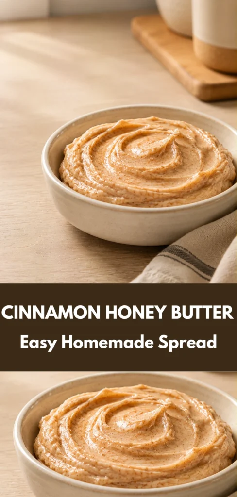 A small neutral ceramic dish filled with creamy homemade cinnamon honey butter, with subtle cinnamon flecks, styled on a warm kitchen counter in soft natural light.