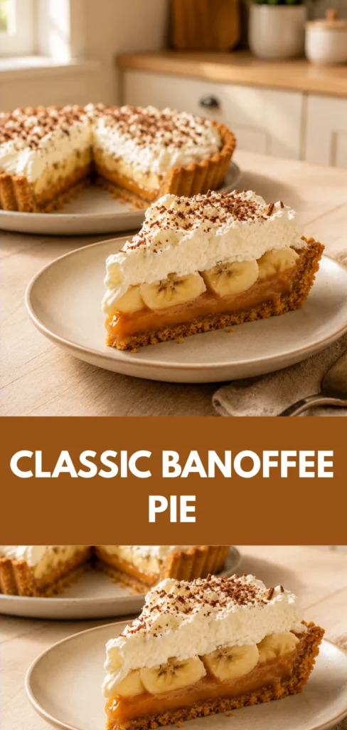 A homemade Banoffee Pie slice on a neutral dessert plate with a whole pie softly visible behind it, showing golden crust, toffee caramel, fresh bananas, and whipped cream in a warm home kitchen.