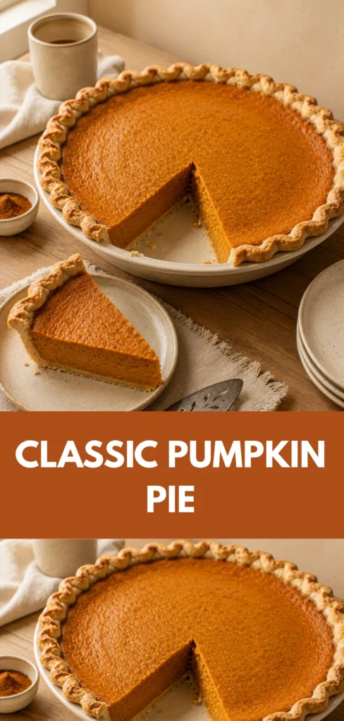 Classic homemade Pumpkin Pie with smooth filling and golden-brown crust, served with one slice removed on a neutral pie dish in a warm home setting.