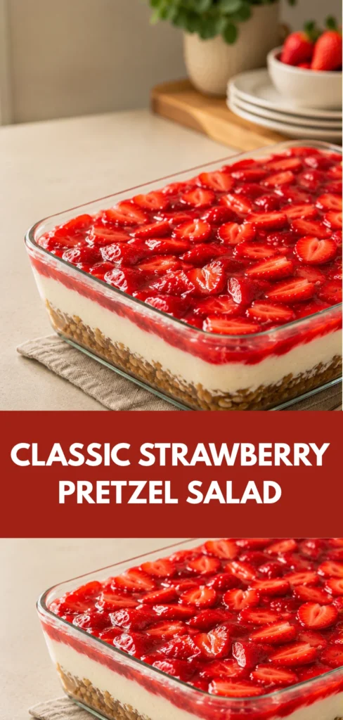 A complete Strawberry Pretzel Salad in a serving dish, showing a pretzel crust, creamy middle layer, and strawberry topping on a simple home table.