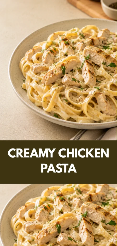 Creamy chicken pasta served in a bowl with tender chicken pieces coated in a rich creamy sauce on a warm neutral kitchen table.