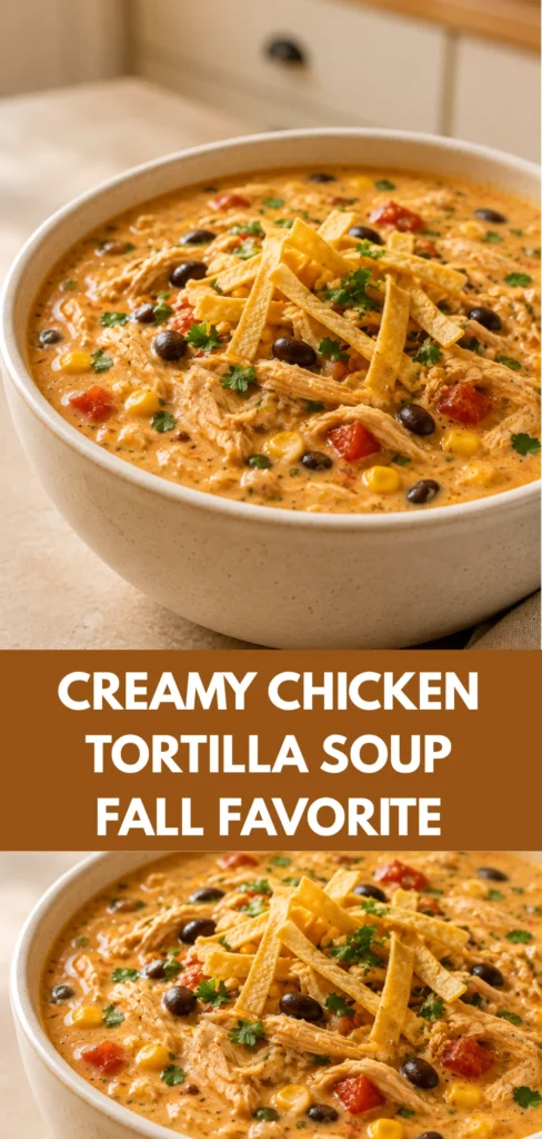 A bowl of creamy chicken tortilla soup with shredded chicken, corn, black beans, vegetables, green garnish, and tortilla strips on a warm neutral tabletop in a softly lit home kitchen, presented as a comforting fall soup.