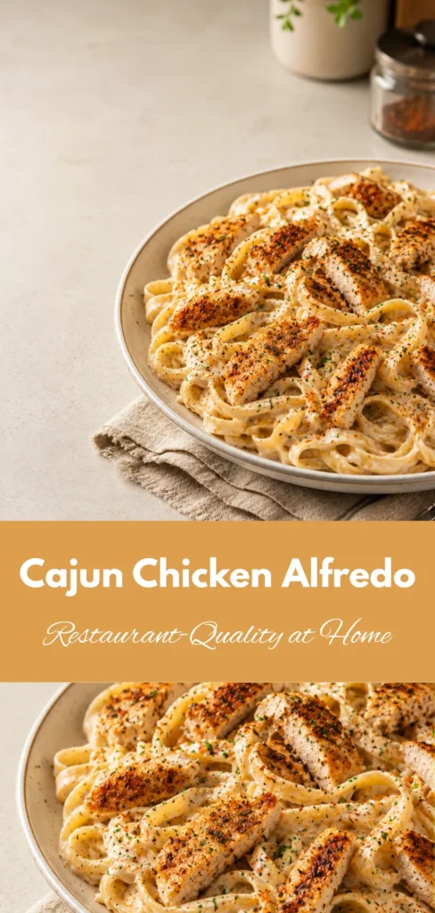 A polished serving of Cajun Chicken Alfredo with creamy Alfredo-coated pasta and tender Cajun-seasoned chicken on a plate, photographed in a warm neutral home-kitchen setting with minimal serving elements.