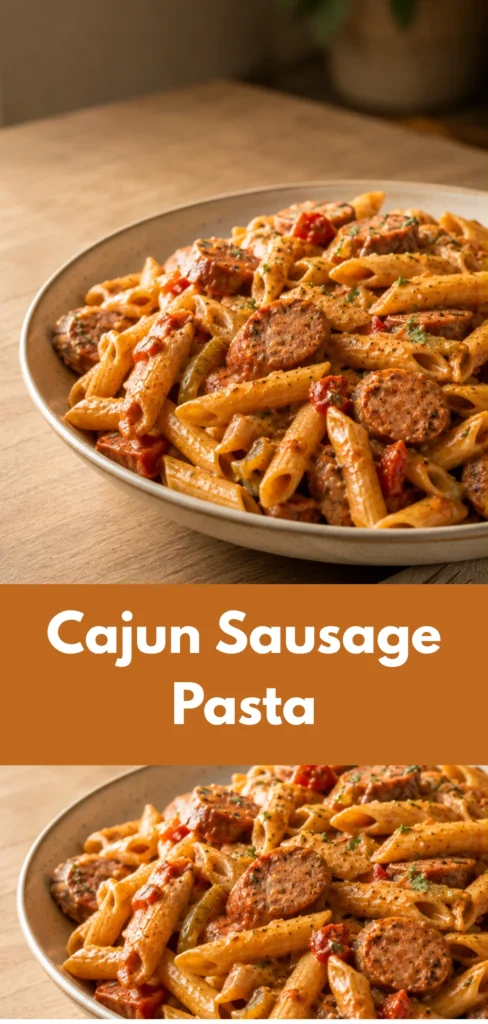 A bowl of Cajun sausage pasta with sauce-coated pasta and cooked sausage pieces, photographed on a warm neutral dining surface.