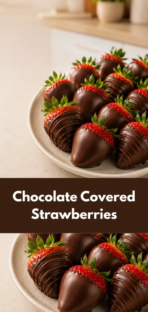 A polished group of chocolate-covered strawberries arranged as a finished dessert on a warm neutral kitchen surface.