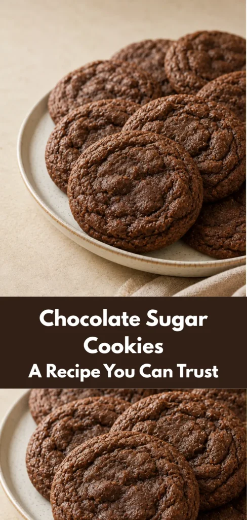 A plate of homemade chocolate sugar cookies with rich brown surfaces, crisp-looking edges, and soft fudgy centers, arranged in a warm neutral kitchen setting.