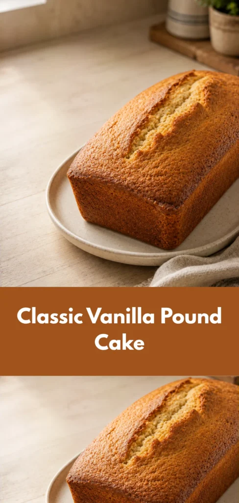 A golden-brown vanilla pound cake sits on a simple serving plate in a warm neutral home kitchen, shown from a three-quarter angle with the whole cake clearly visible and softly lit by natural window light. The clean presentation and homemade setting give the cake a classic, inviting appearance suitable for serving with coffee or tea.