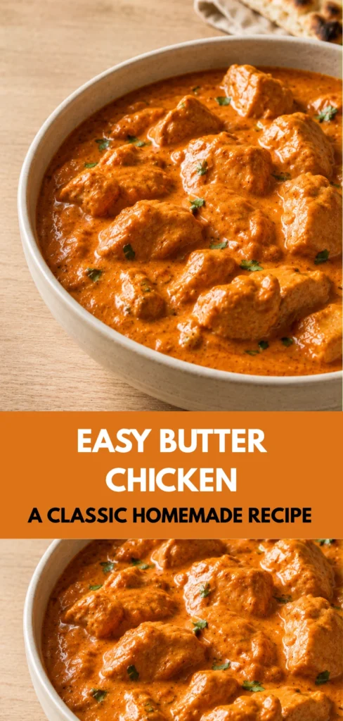 Easy Butter Chicken served in a neutral ceramic bowl with visible chicken pieces in creamy orange-red sauce, positioned on a warm neutral table with subtle rice or naan and open space on the left.