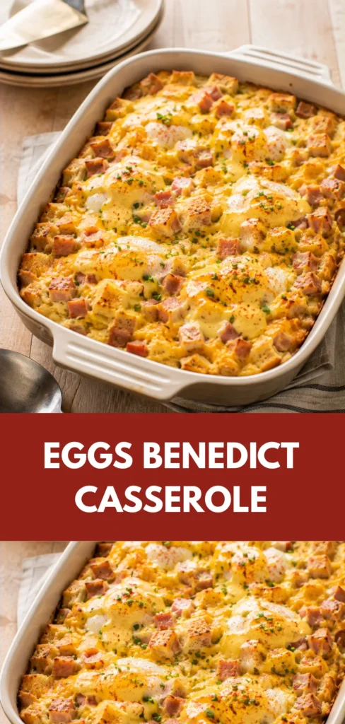 Baked Eggs Benedict Casserole in a ceramic casserole dish with a golden egg topping on a simple breakfast table.