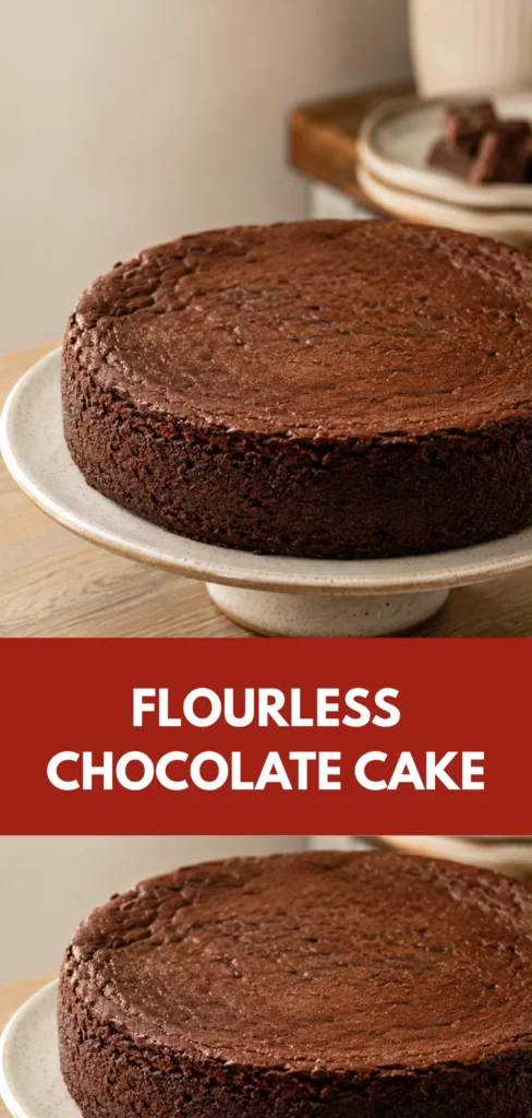 A homemade flourless chocolate cake on a simple serving plate, shown whole with a rich chocolate-brown finish on a warm neutral dining surface.
