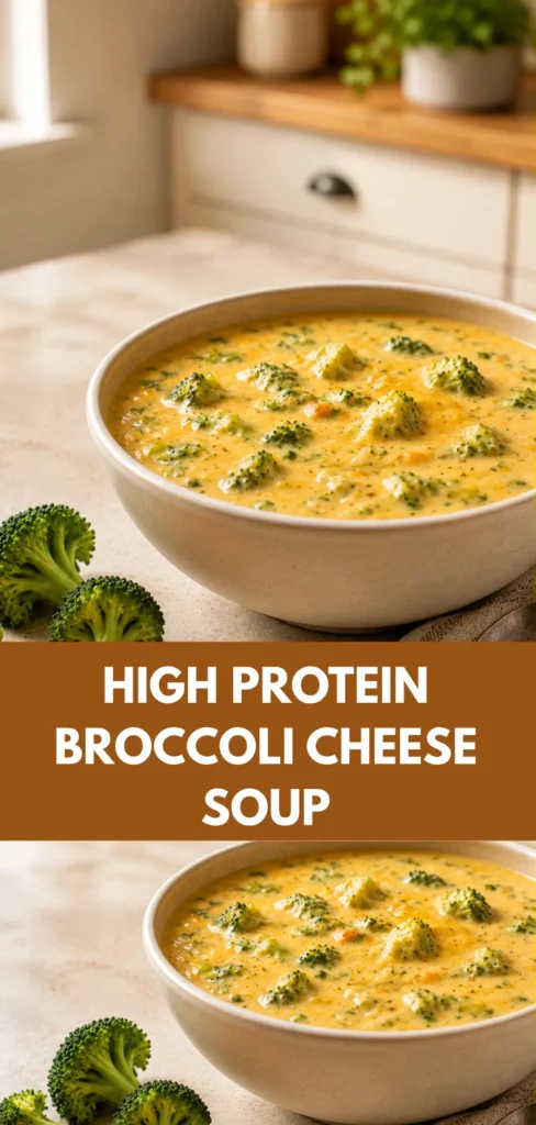 Creamy broccoli cheese soup served in a neutral bowl with tender broccoli florets and cheddar, photographed in a warm home kitchen.