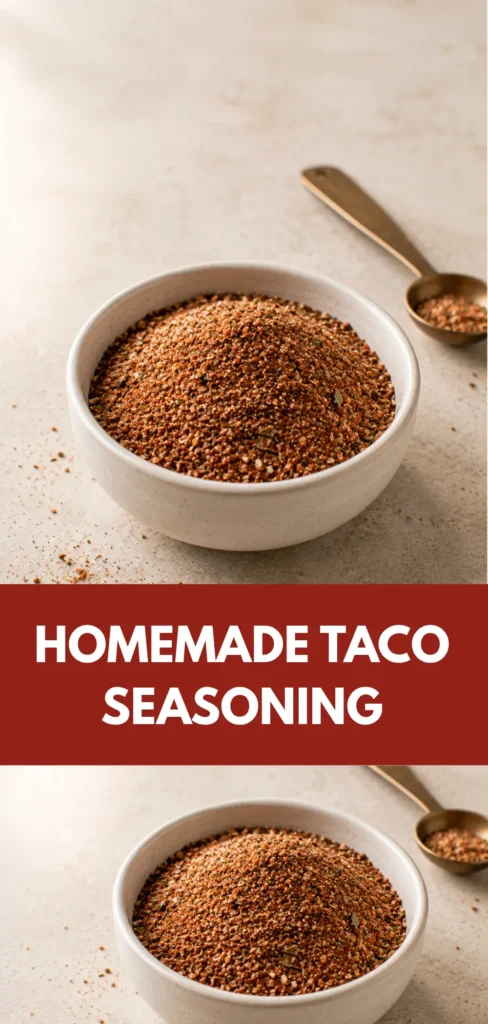 A small bowl of homemade taco seasoning on a clean neutral kitchen surface, showing the finished spice blend in a simple food presentation.